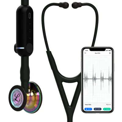 3M™ Littmann® CORE Digital Stethoscope, 8570, High Polish Rainbow Chestpiece, Black Tube, Stem and Headset, 27 inch